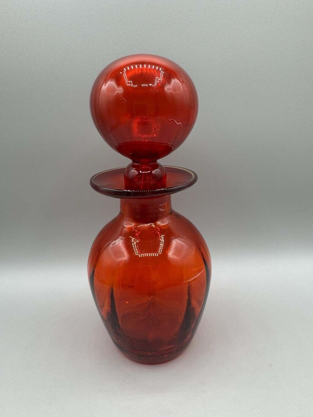 Rainbow Glass Decanter Vase Ruby Red Round Bulb Stopper Vintage 1970s Hand Blown